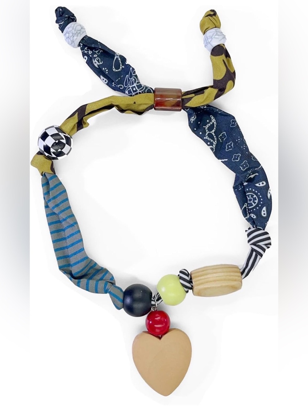 Boho Multicolor Fabric Scarf Wood Bead Heart Pendant Necklace